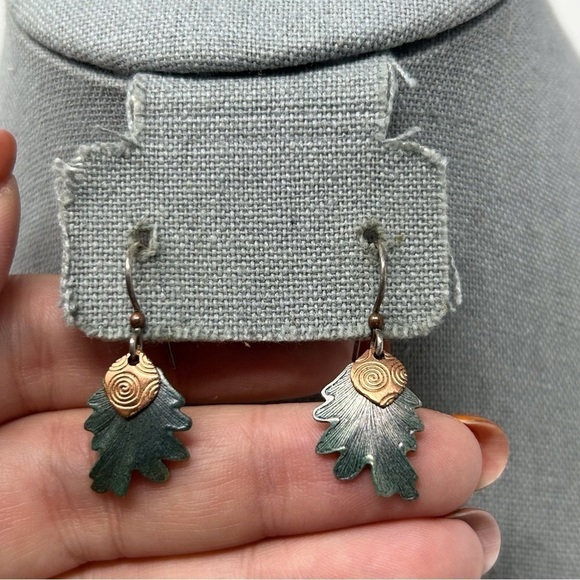 Abstract Green Leaf Dangle Earrings Textured Swirl with 925 Sterling Silver Hook - Picture 2 of 8